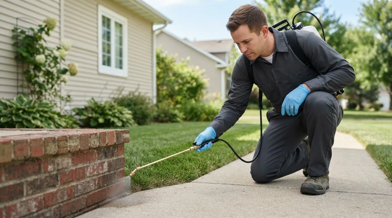 Pest control technician treating a home near Delaware, IA