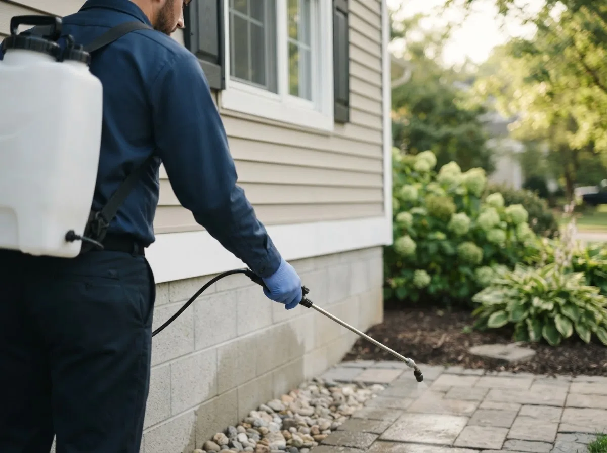 Pest control technician inspecting a home in Delaware, IA